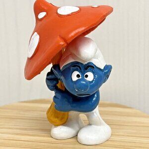 Vintage Smurfs Grumpy Mushroom Umbrella PVC Toy Figure Peyo Bully Germany